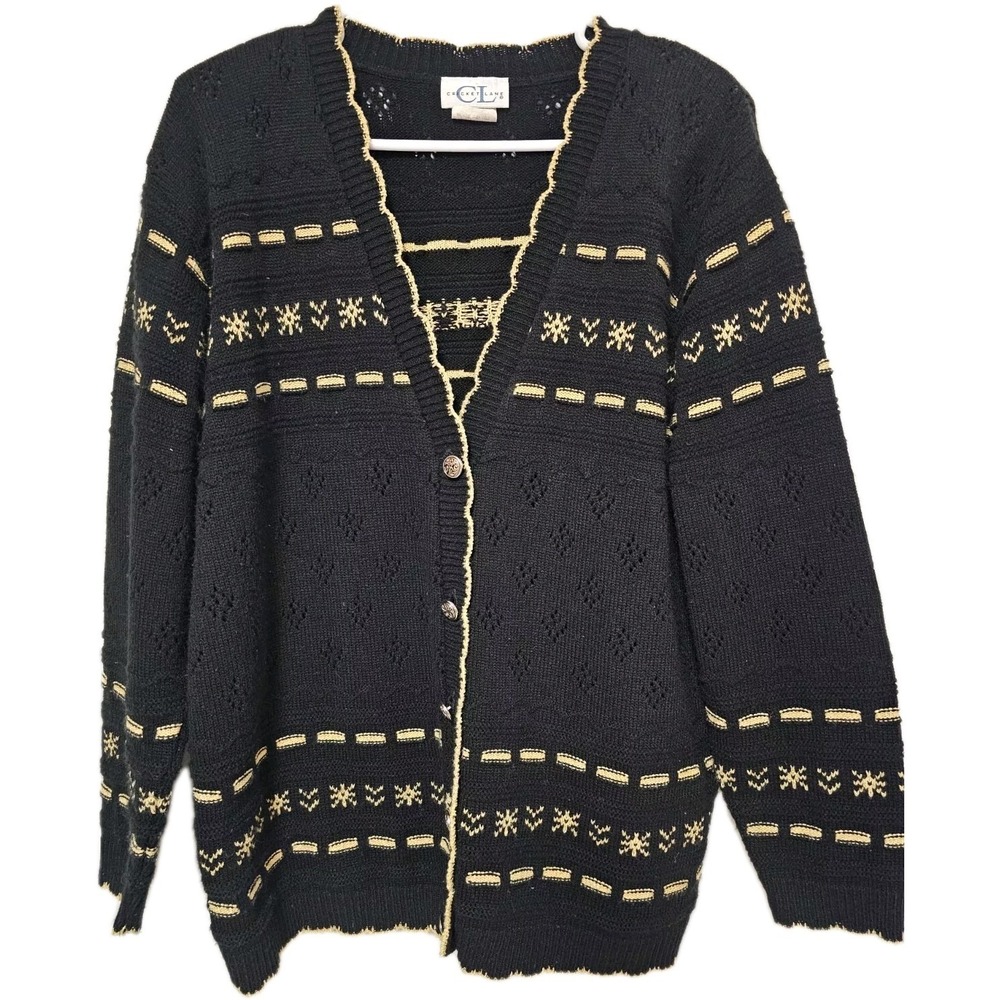 Vtg Cricket Lane Cardigan Sweater Ribbon‎ Button Up Black Gold Sz L Grandmacore